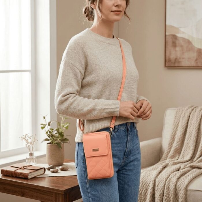 Bolso Cruzado Acolchado para Teléfono Diseño Floreado Marrón Claro - Imagen 3