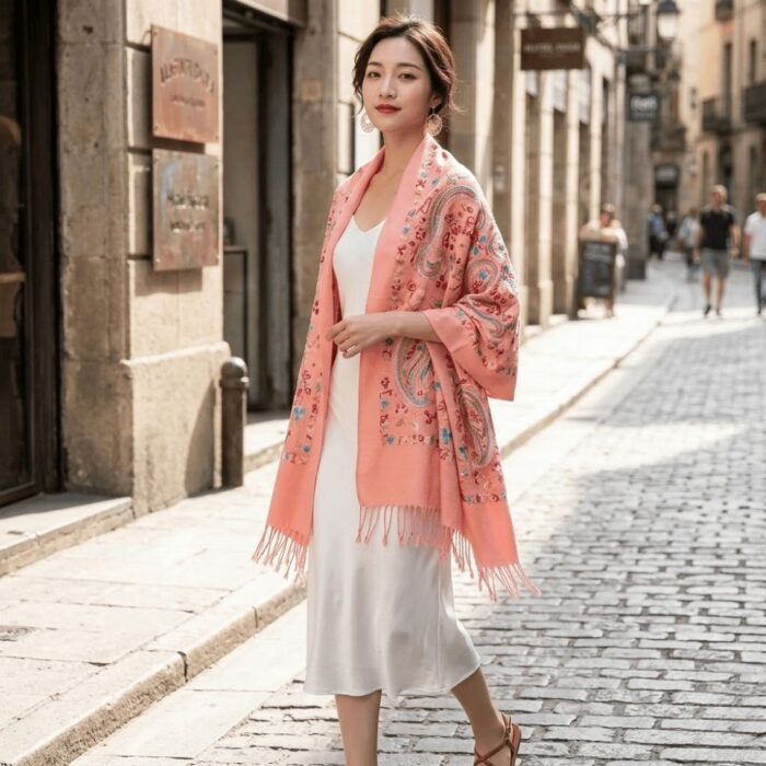 Bufanda Chal Bordado Rosado Claro Con Detalles Para Mujer - Imagen 4