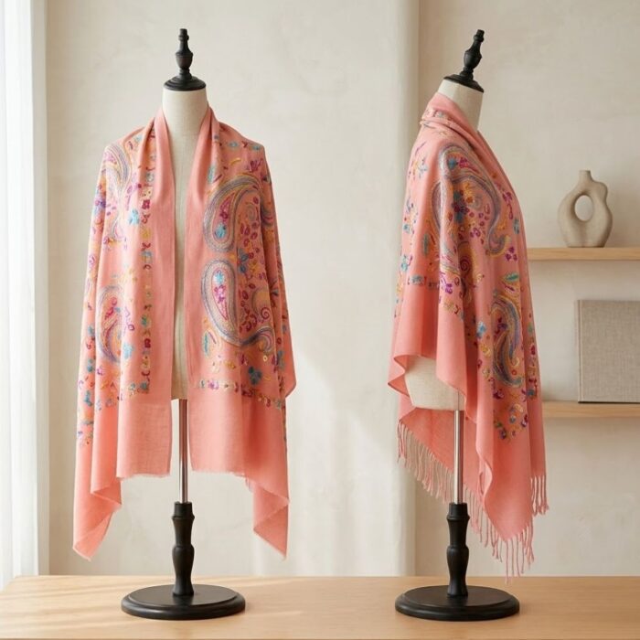 Bufanda Chal Bordado Rosado Claro Con Detalles Para Mujer - Imagen 3