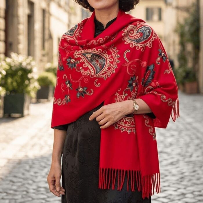 Chal Bordado Rojo Con Detalles Para Mujer - Imagen 3