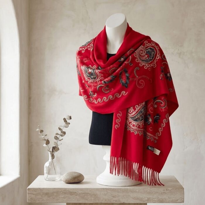 Chal Bordado Rojo Con Detalles Para Mujer - Imagen 2