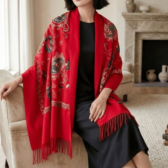 Chal Bordado Rojo Con Detalles Para Mujer - Imagen 4