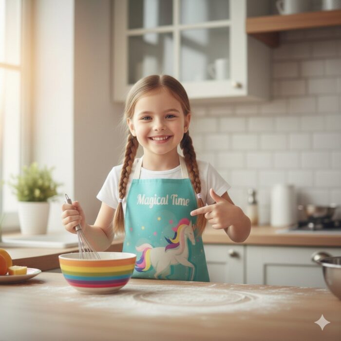 Mandil Delantal para Niños de Unicornio con Fondo Celeste - Imagen 2