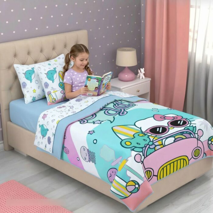 Set de 4 piezas Cama 1 plaza y media Color Blanco y Celeste - Imagen 4