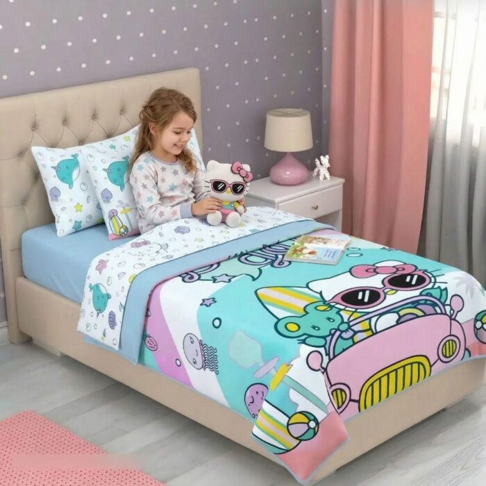 Set de 4 piezas Cama 1 plaza y media Color Blanco y Celeste - Imagen 3