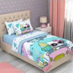 Set de 4 piezas Cama 1 plaza y media Color Blanco y Celeste