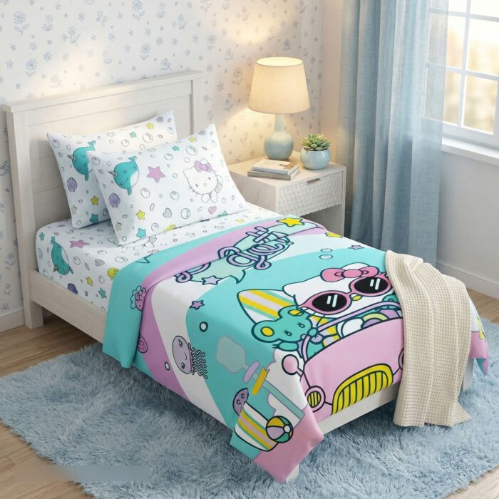 Set de 4 piezas Cama 1 plaza y media Color Blanco y Celeste - Imagen 2