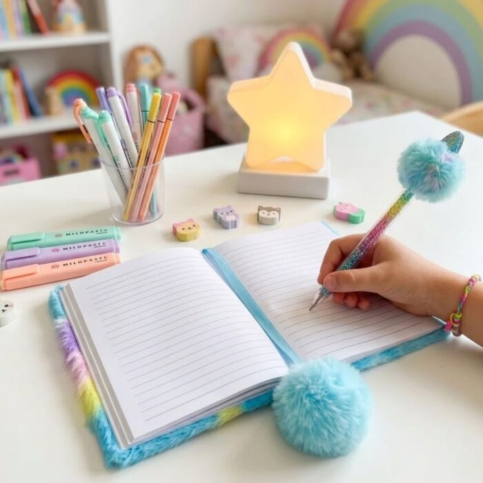 Libreta de Peluche Unicornio Celeste Rayado - Imagen 3