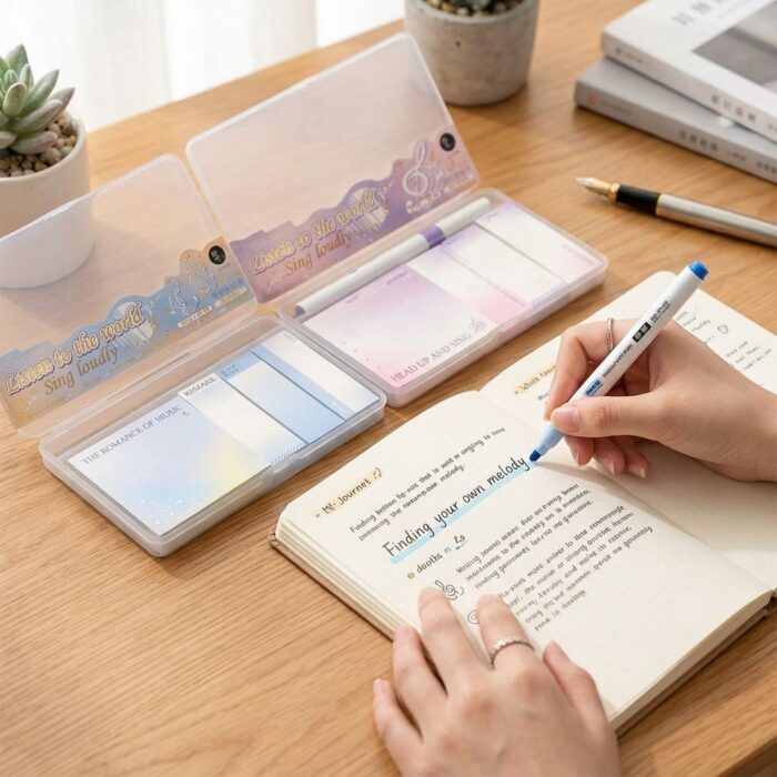 Pack 2 Sets de Estuches PostIt con Resaltador Morado y Azul - Imagen 4