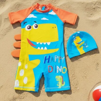 Ropa de Baño para Niño UV Dinosaurio Amarillo Sonriendo con Nubes