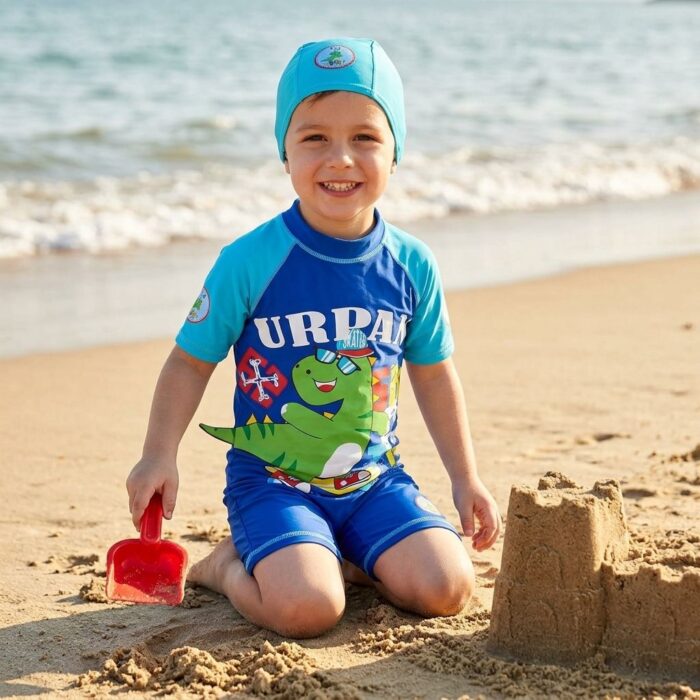 Ropa de Baño para Niño UV Azul con Dinosaurio Verde Montando Skate - Imagen 2