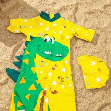 Ropa de Baño para Niño UV Amarillo con Dinosaurio Verde Cuello Largo