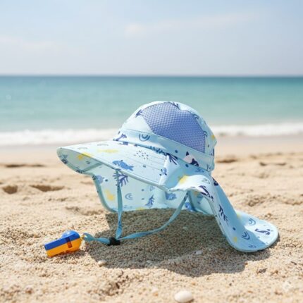 Sombrero con silbato anaranjado con verde y diseño de pescaditos