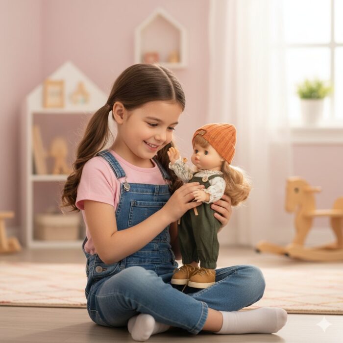 Muñeca de colección con gorro y overol - Imagen 2
