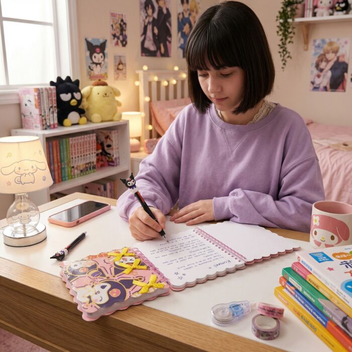 Pack Libreta + Lapicero de Gatito kawaii Rosado - Amarillo - Imagen 3