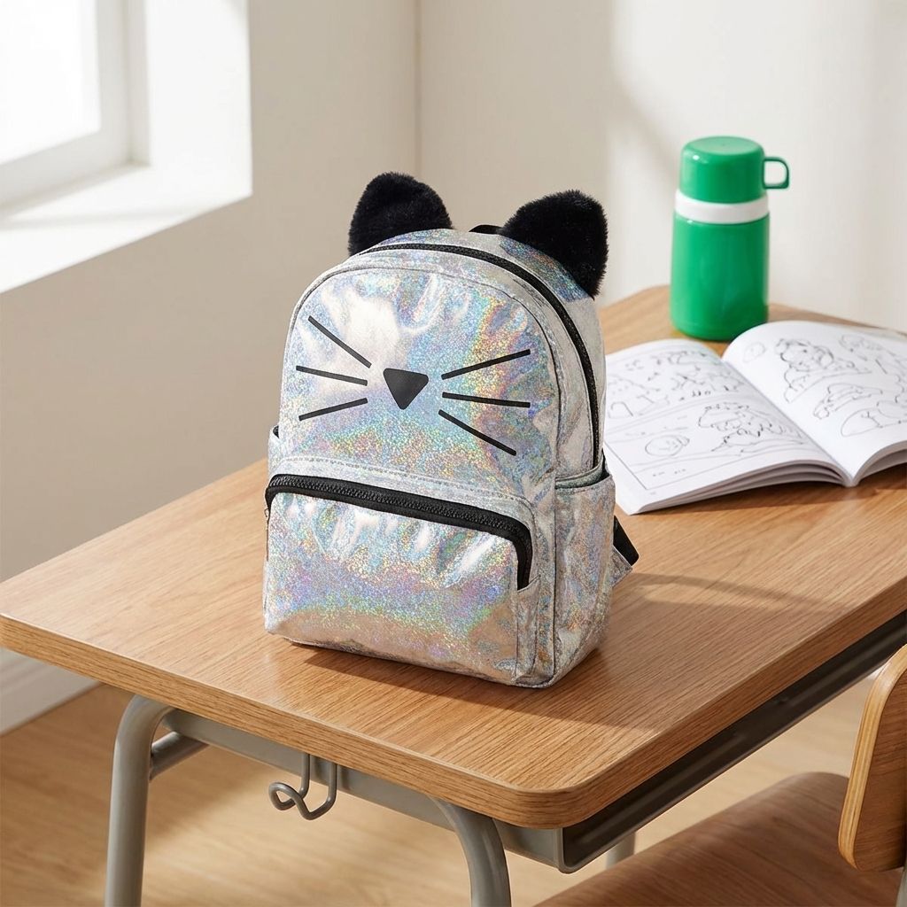 DGH-MOECLPL-Mochila Escolar Holográfica Gatito Plateado_1 Mochila Escolar Holográfica Gatito Plateado - Imagen 1