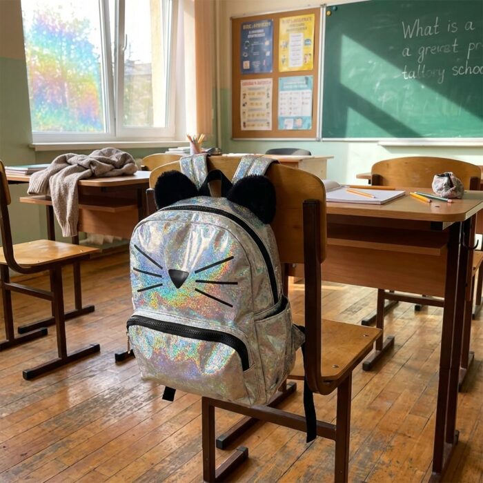 Mochila Escolar Holográfica Gatito Plateado - Imagen 4