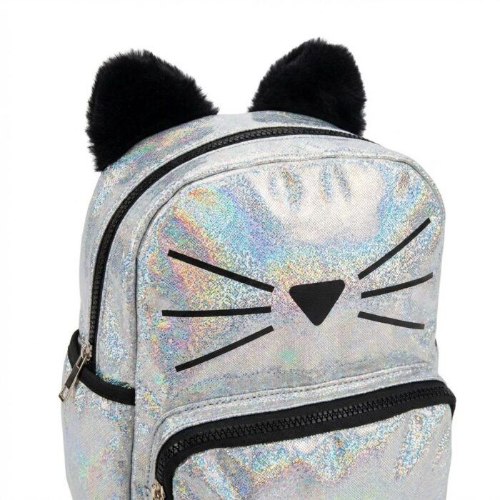 Mochila Escolar Holográfica Gatito Plateado - Imagen 3