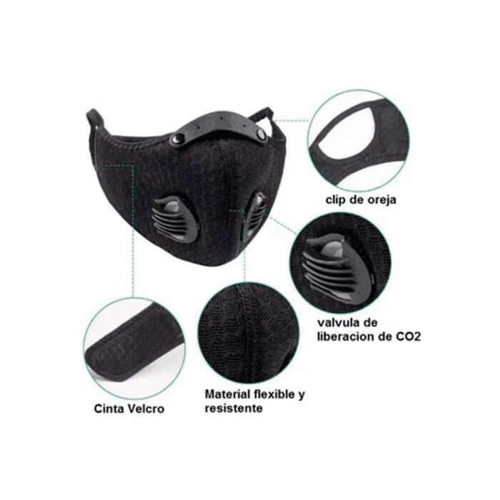 Mascarilla Deportiva KN95 + Filtro de Carbón PM2.5 + 2 Válvulas Negro - Imagen 5