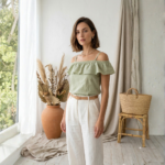 Blusa Bordada con Hombros Descubiertos Verde