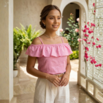 Blusa Bordada con Hombros Descubiertos Rosa