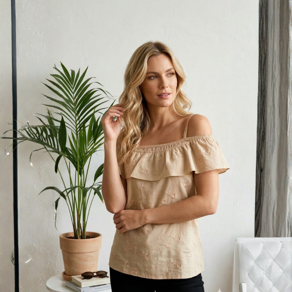 74467c67858e3f4b549522de407dccf0 (1) Blusa Bordada con Hombros Descubiertos Beige - Imagen 1