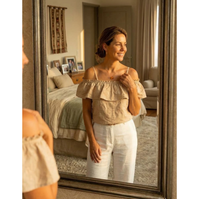 Blusa Bordada con Hombros Descubiertos Beige - Imagen 3