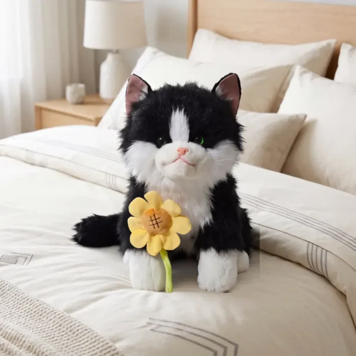 Peluche Gato Real con Girasol Antiestres con Sonido Negro y Blanco - Imagen 4