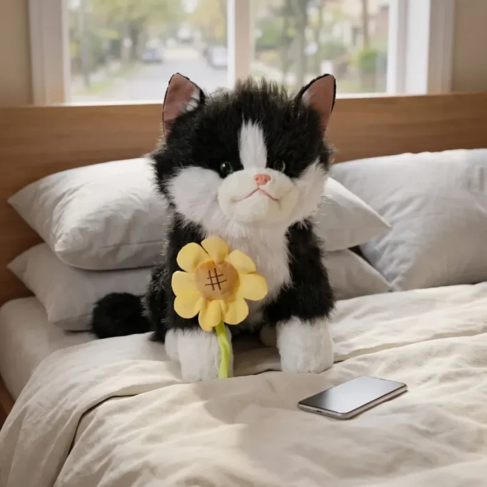Peluche Gato Real con Girasol Antiestres con Sonido Negro y Blanco - Imagen 3