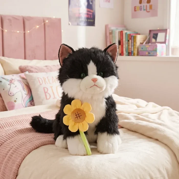 Peluche Gato Real con Girasol Antiestres con Sonido Negro y Blanco - Imagen 2