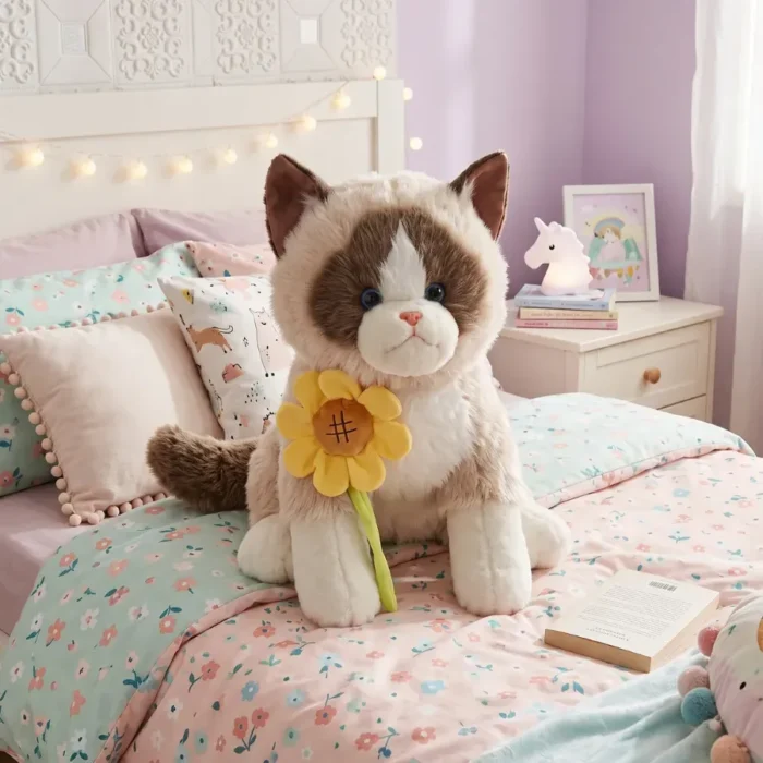 Peluche Gato Real con Girasol Antiestres con Sonido Negro y Beige - Imagen 3